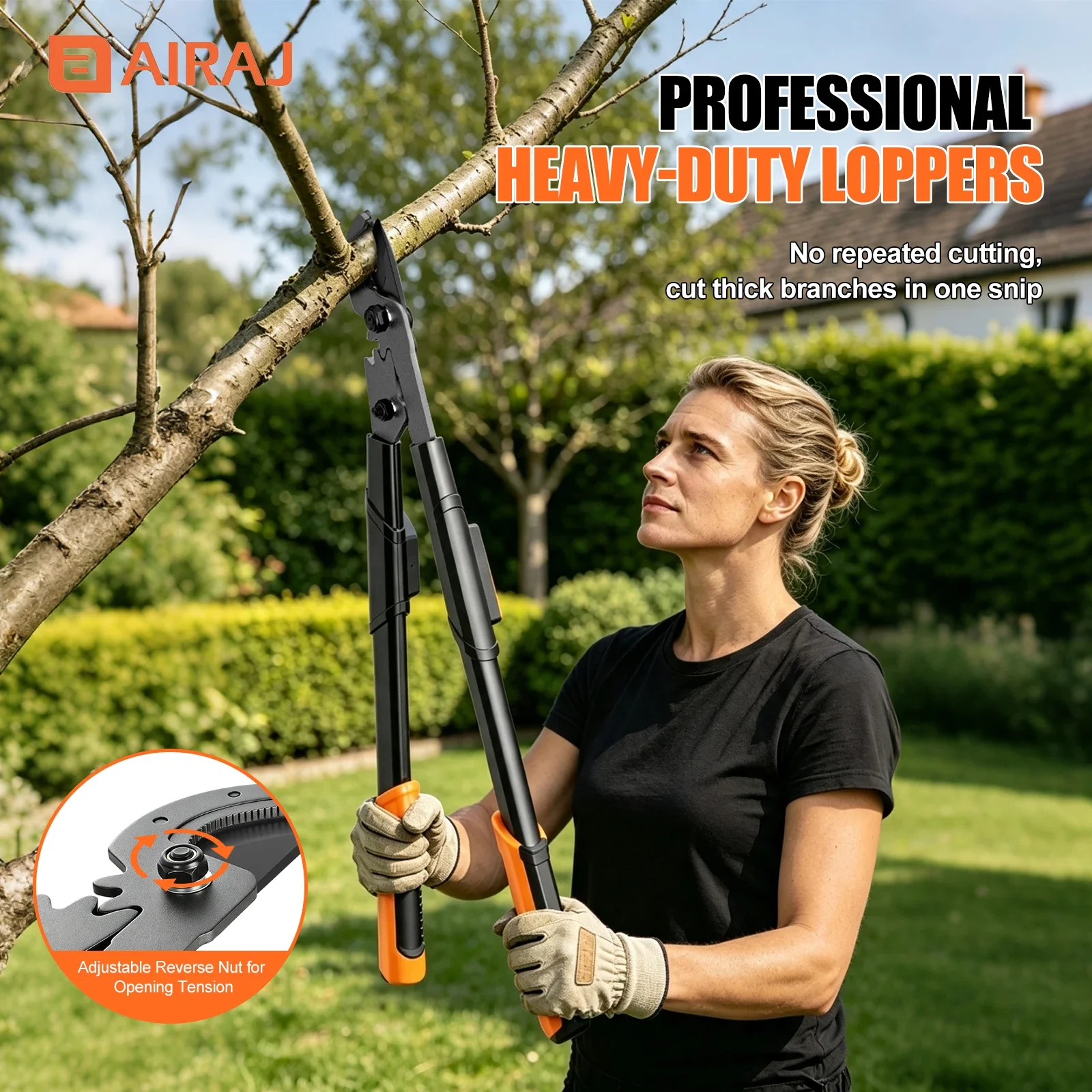 AIRAJ Telescopic Garden Loppers,SK5 Steel Teflon‑Coated Blade,45mm Max Cut Lever Tree Pruner, 5‑Level Adjustable Aluminum Handle