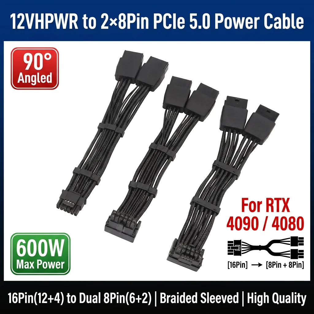 NEW GPU RTX4090 RTX4080 Series 16AWG 2x8pin PCI-e to 16Pin (12+4) PCI-e 5.0 12VHPWR Connector 90-Degree Elbow