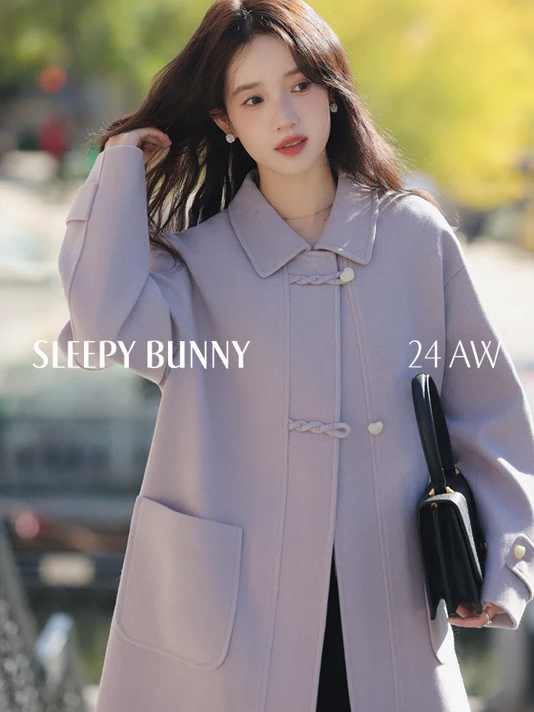 Sweet Style Heart Button Wool Coat Women Fall Winter Loose Fit Turn-Down Collar Elegant Casual High-End Long Overcoat 2025 New