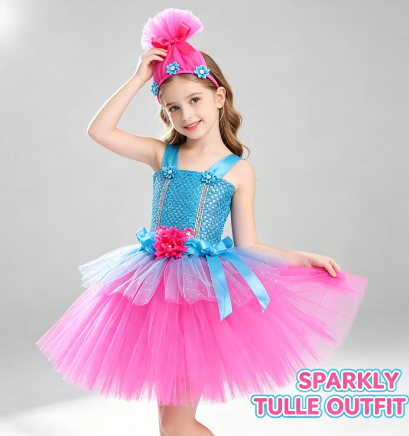 Kid Floral Sparkly Rainbow Magic Fairy Princess Tutu Dress With Headband Outfits For Festival Party Stage Show Role Play Clothes