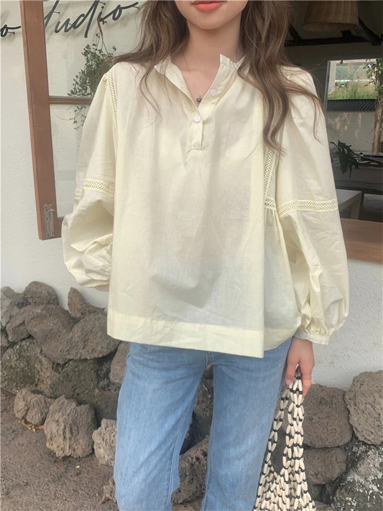 Colorfaith BL9886 New 2024 Patchwork Korean Fashion Puff Sleeve Oversized Women Shirts Spring Summer Elegant Blouses Lady Tops