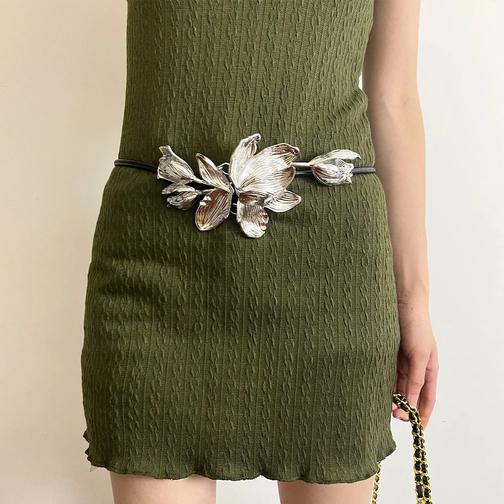 

Тонкая веревка, винтажная поясная цепочка-тюльпан, элегантный пояс из сплава с цветком, большой простой ремень из искусственной кожи, брюки