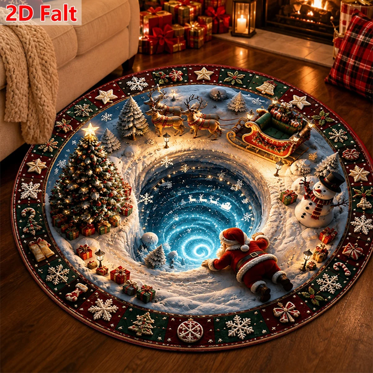 YIKAX Christmas Round Rug Santa Sleigh Xmas Tree Area Carpet Festive Home Decor Washable Circle Rug Living Room Gift