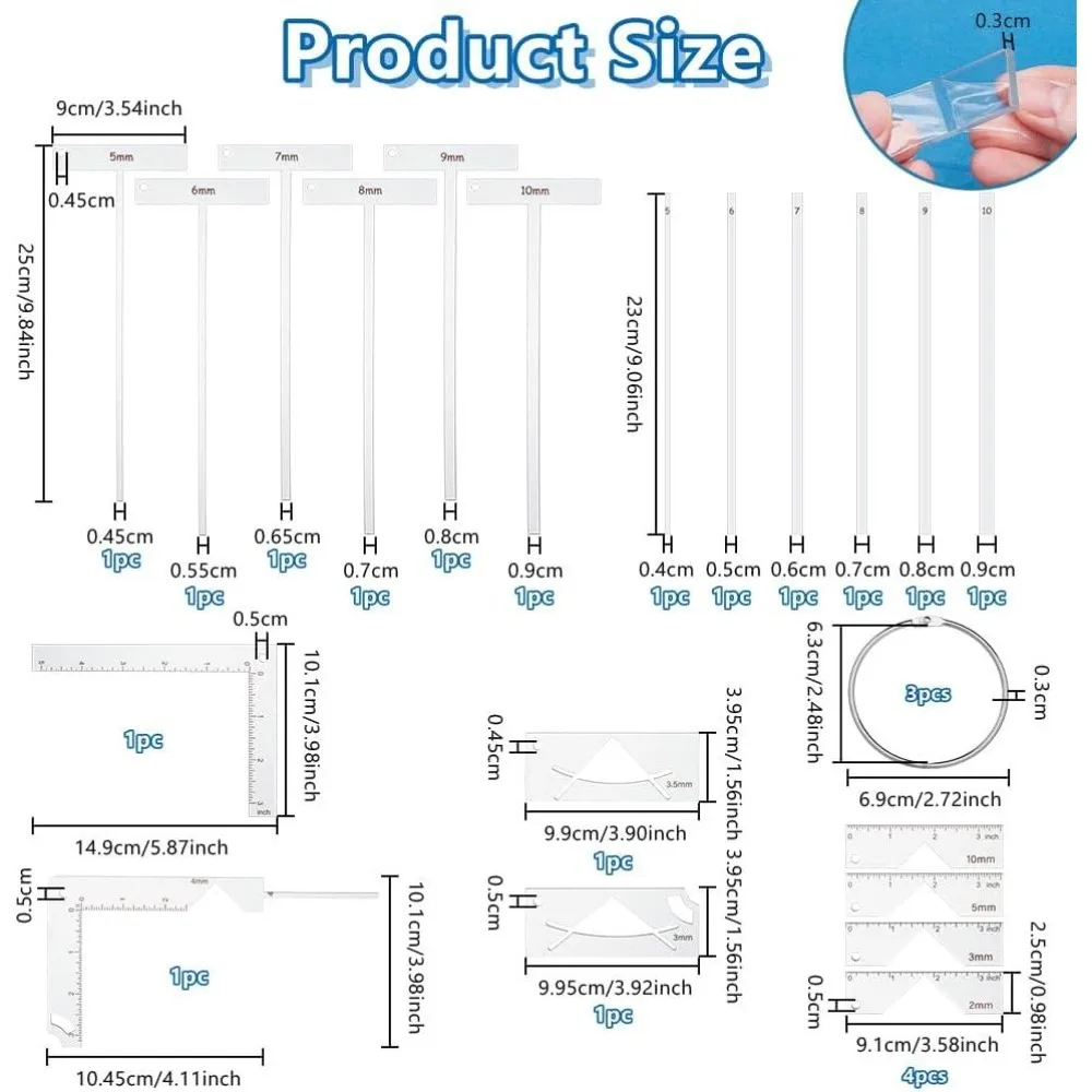 23Pcs Book Binding Ruler Set Acrylic Bookbinding Ruler Kit with Hinged Ring Multi-Functional Rulers T-Shaped L-Shaped Corner