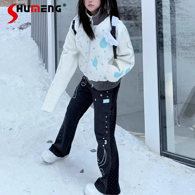 

Японский стиль Rojita, оригинальные музыкальные ноты, расклешенные брюки в горошек, облегающие длинные брюки с тяжелой вышивкой, кавайная одежда, женская одежда