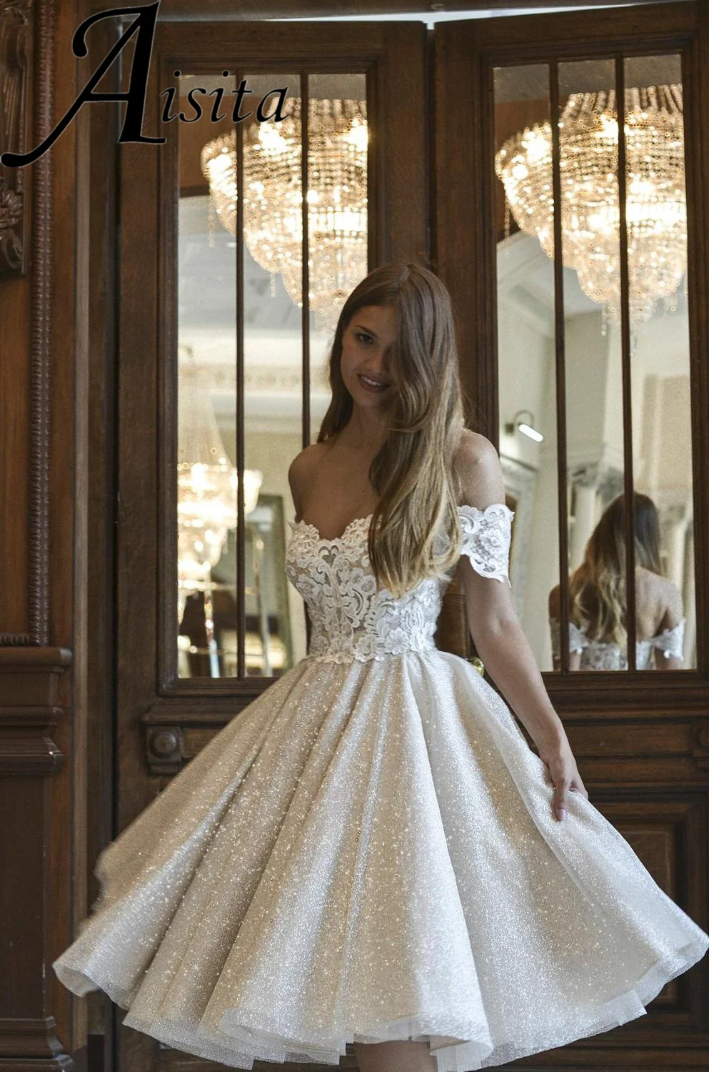 

Elegant hort Glitter Wedding Dresses Tea-Length Off Shoulder Vestidos De Novia Lace Applique Shiny Princess Summer Wedding