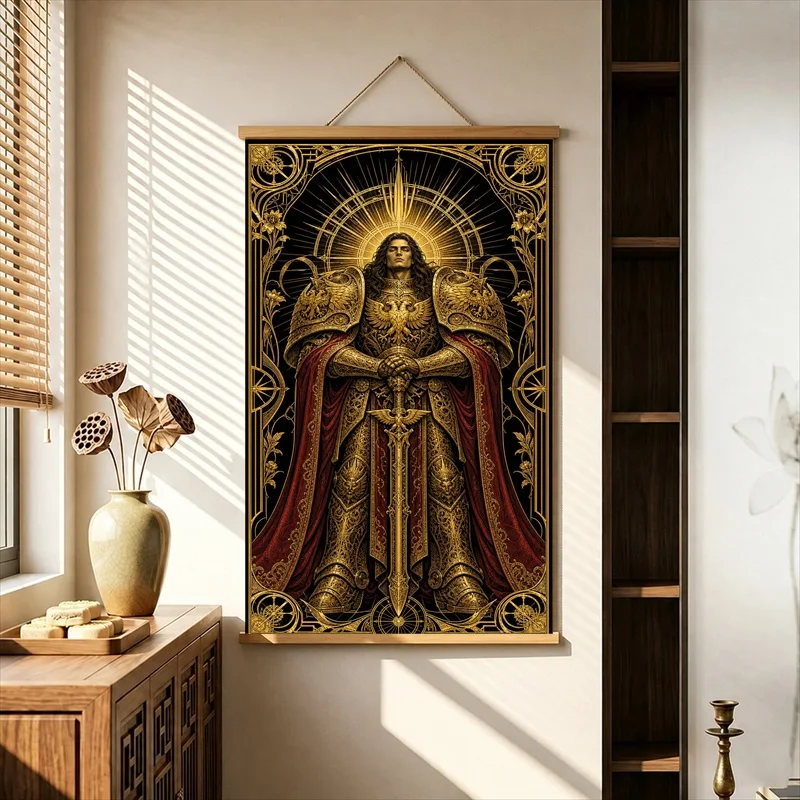 Wall Decorations Imperial Fantasy Warrior Engraving, Vintage Copperplate Pearlescent Canvas Hanging Scroll Decor for Game Room