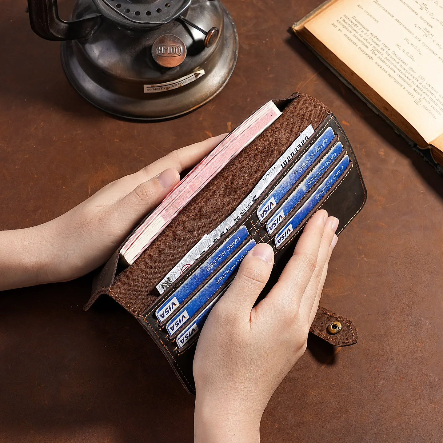 Men's Vintage Cowhide Long Wallet with Snap Closure + Multi-Card Slots High-Quality Cash Organizer for Business & Daily Use