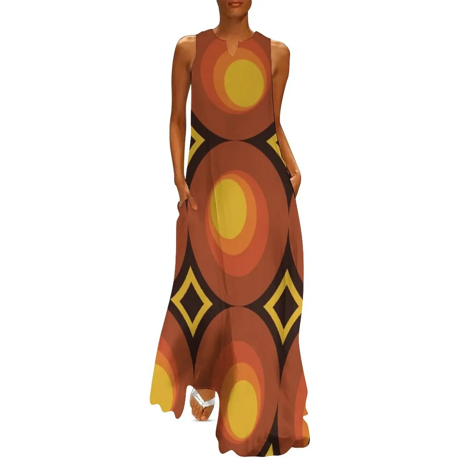 

1970s Orange Mid-Century Modern Circle 2 Long Dress long dress women summer Prom gown women's luxury party dress