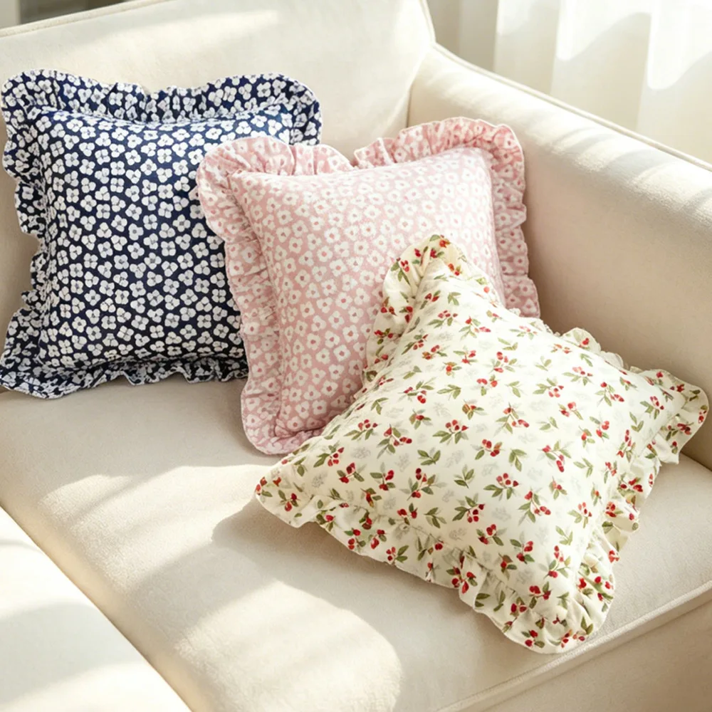 French Country Ruffle Pillow Covers Set Flower Print Lotus Leaf Skirt Edge Pillowcase Throw Pillow Covers for Home Sofa Bedroom