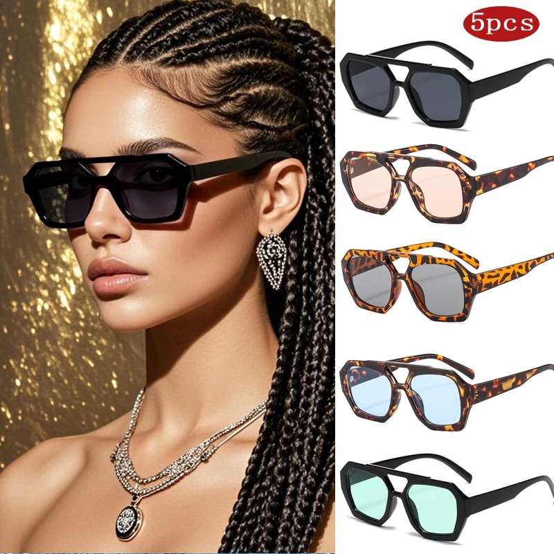 Hiking 5set New Fashion Female Rectangle Anti Light Glasses Double Bridges Female Shades Luxury Large Frame Design Eyewear UV400