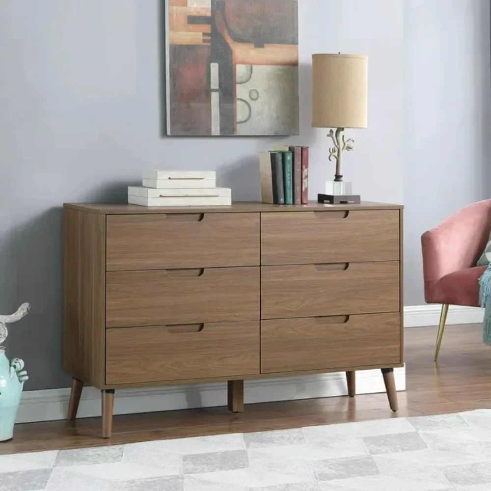 Modern 6 Drawer Horizontal Dresser with Durable Ball-bearing Slides,Solid Wood Feet, Bedroom, For all ages, Brown Walnut