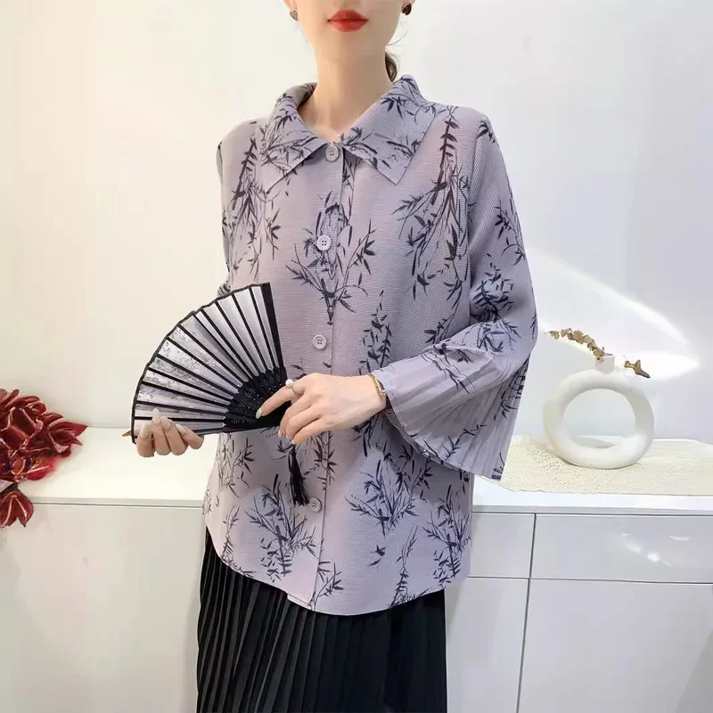 2024 Autumn Printed Tops for Women Casual Toothpick  Miyake Pleated Nine-quarter Sleeves Loose Large Size Blouse outwear