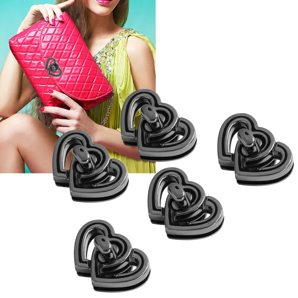 5pcs Alloy Purse Twist Lock Shinny Finish Double Heart Handbag Turn Lock Decorative Hardware Black Bag Closure Clasp Wallets