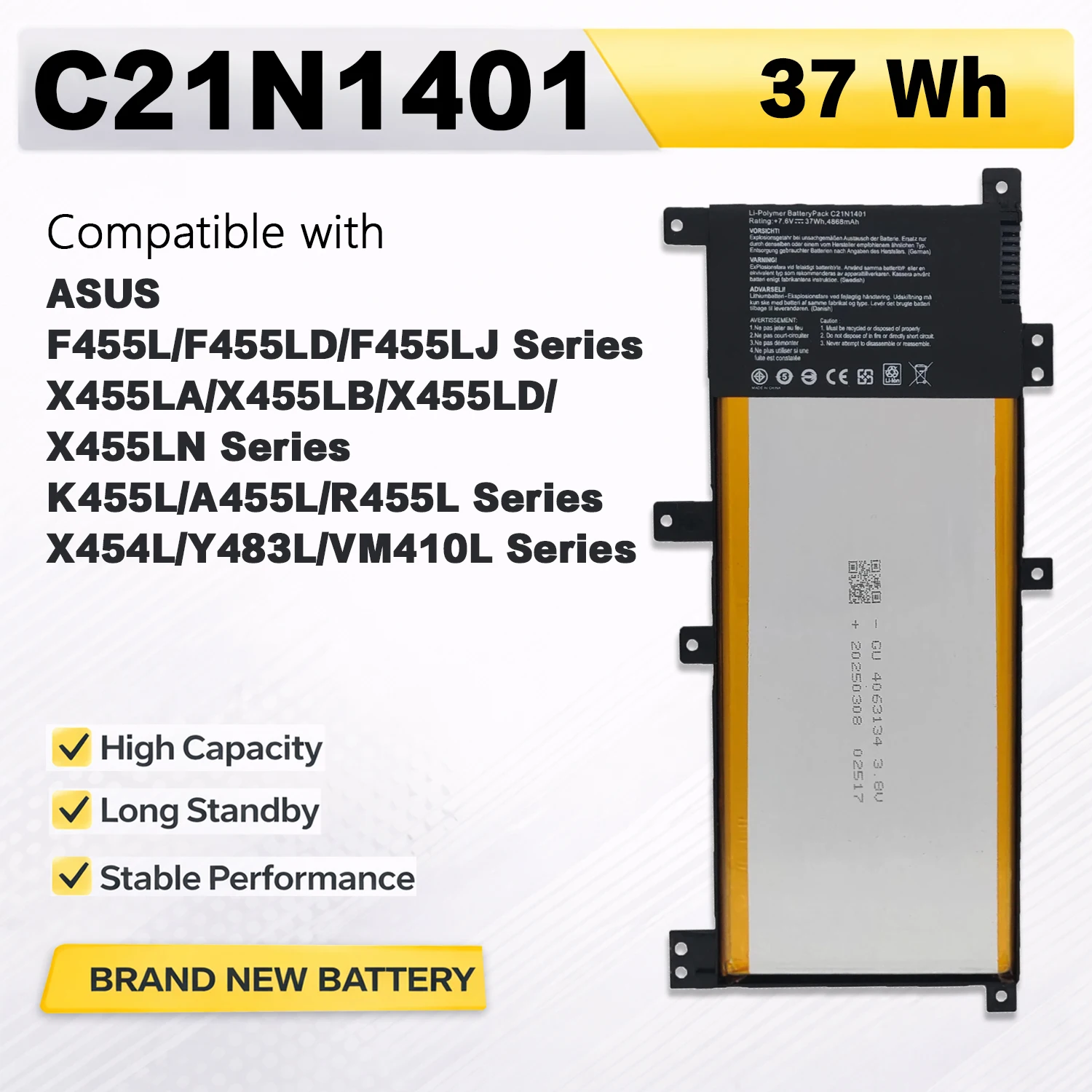 PowerHub C21N1401 7.6V 37Wh Laptop Battery For ASUS K455L A455L R455L X454L X455L F455L Series Replace C21N1401