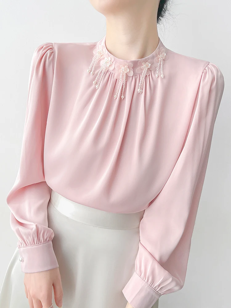 

Formal Ocn Women's Long Sve Satin irt Diamond Embellied Korean Sle Commute Faion Light Work Sle Top