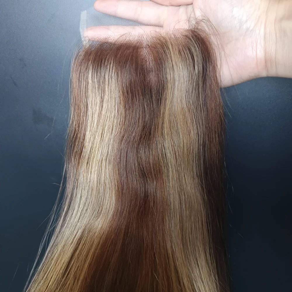 P4/27 4x4 레이스 클로저 하이라이트 스트레이트 인간 헤어 클로저 미리 뽑은 10-22 인치 브라질 버진 헤어 프리 파트 12A 등급