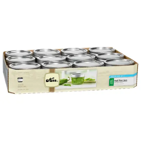 Kerr Canning Jars, Wide Mouth Half-Pint Mason Jars with Lids and Bands, 12 Count 8 oz