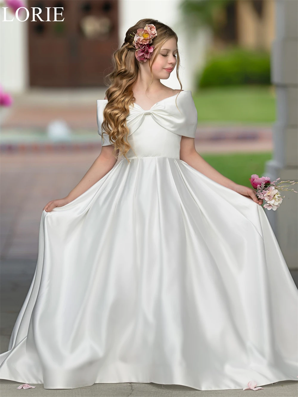 LORIE Elegant Flower Girl Dresses Princess Off Shoulder Bow A-Line Pleated Wedding Party Dress 2025 Birthday Dress Customized