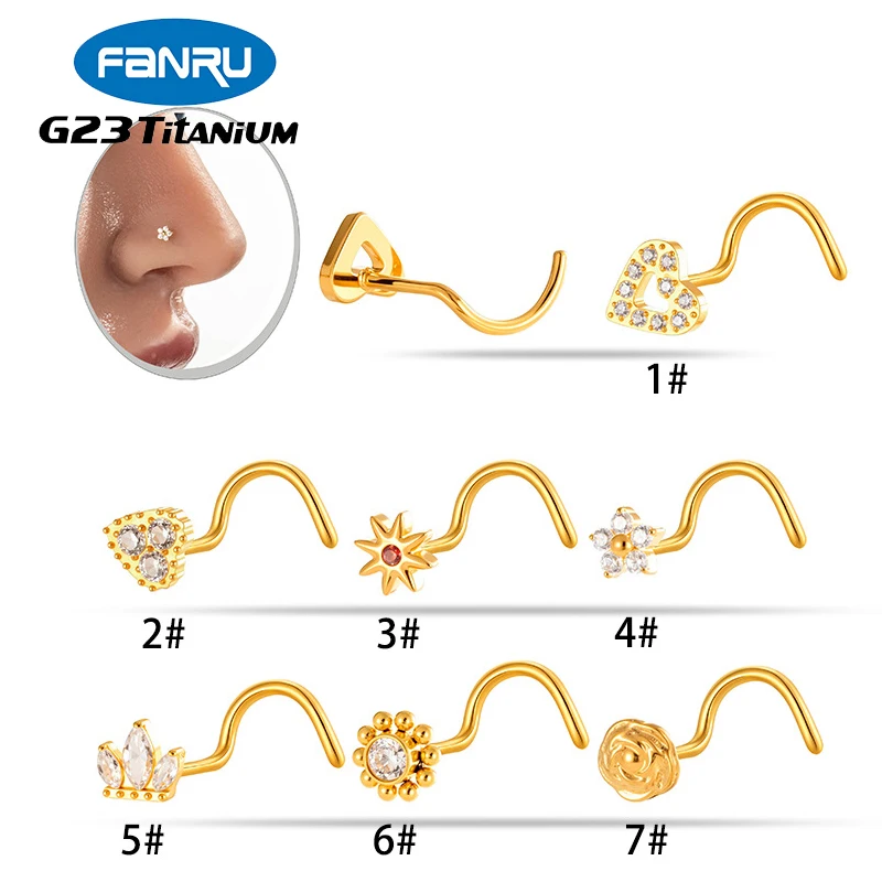 1PC G23 Titanium 20G S-Rod Nose Stud Ring Hypoallergenic CZ/Ball/Heart/Star Corkscrew Nose Nail Nostril Body Piercing Jewelry