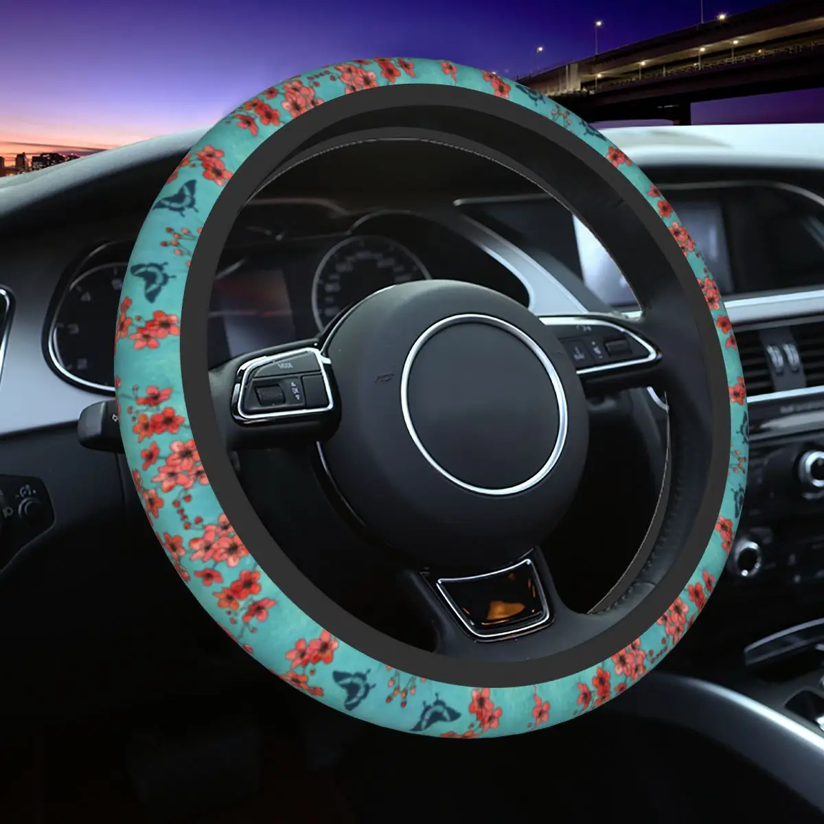 Sakura Butterflies In Turquoise Steering Wheel Cover Flowers Floral Cherry Blossom Steering Wheel Protector Car Accessories