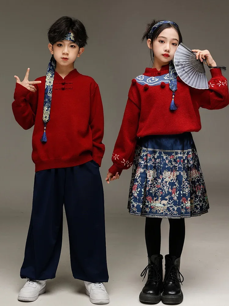 Jongens Rode Hip Hop Kostuum Rode Top Broek Paard Gezicht Rok voor Meisjes Kids Jazz Kleding Street Dance Stage Set