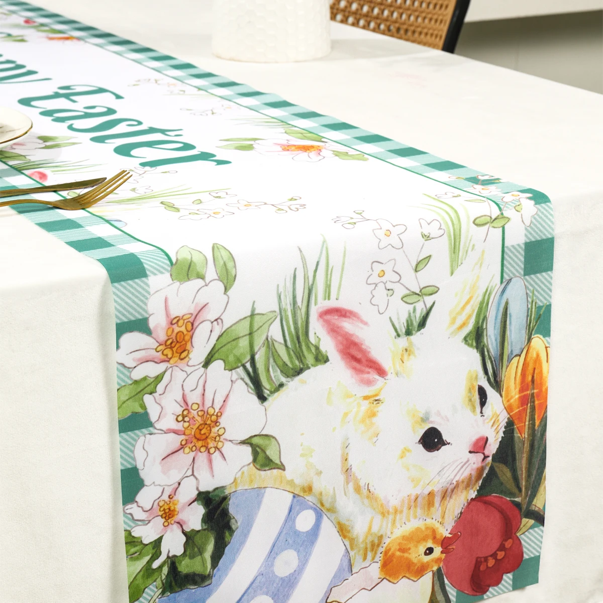 Happy Easter Table Runner Easter Decorations 2024  For Home Table Bunny Eggs Polyester Table Runner 180x35cm Easter Party Decor