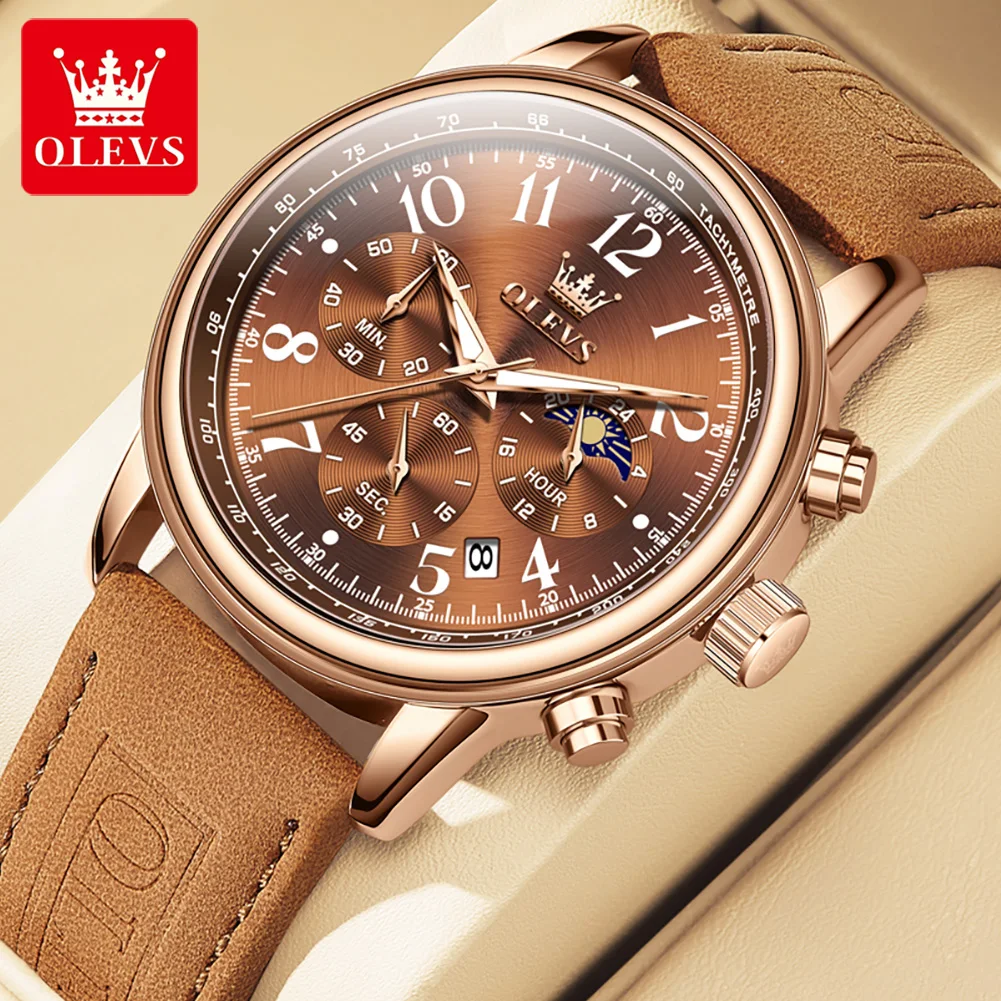 

OLEVS Brand Fashion Multifunction Chronograph Quartz Watch for Men Leather Strap Waterproof Luminous Calendar Luxury Watches