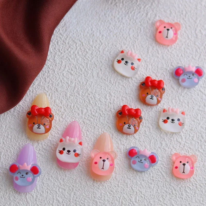 10 יח'\קופסא קריקטורה חמודה בסגנון יפני קוואיי עכבר דוב מסמר קישוט קישוט שקוף לבן בעל חיים גדול ראש מסמר אמנות