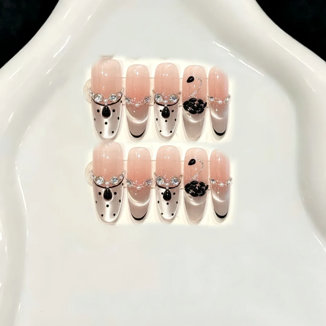 

10 PCS Luxury Handmade Press on Nails Long Oval Ink-drilled sweet berries Design with 3-PIECE Tool Adhesive Nail Glue Tabs