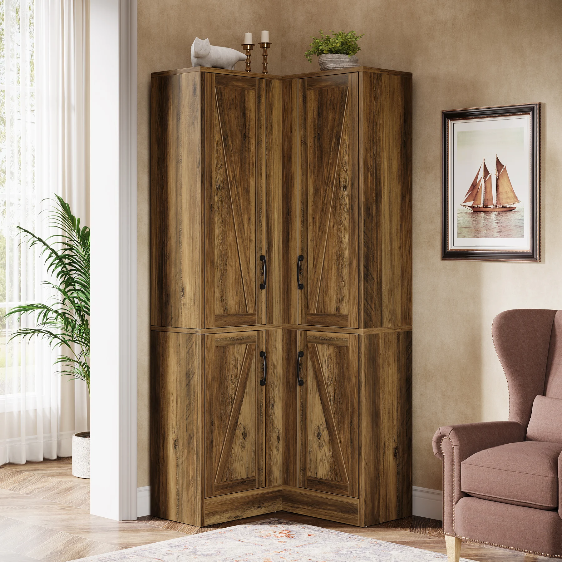 Hot Sales Corner Bookcase With Doors, 5-Tier Farmhouse L-Shaped Bookshelf, 71-Inch Tall Wooden Storage Shelf, Large Corner Book