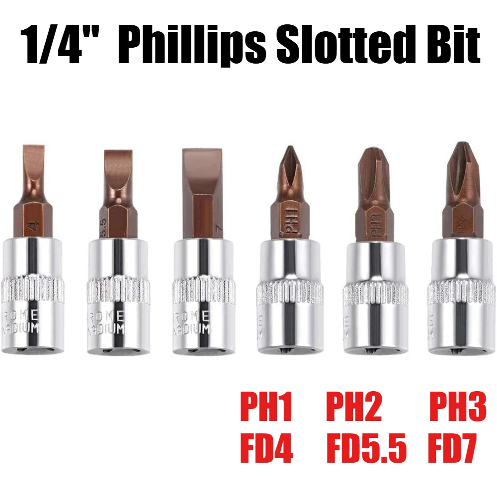 

1/4" Drive Phillips Slotted Bit Socket Set, S2 Steel Bits, CR-V Sockets 6-Piece PH1 PH2 PH3 FD4 FD5.5 FD7