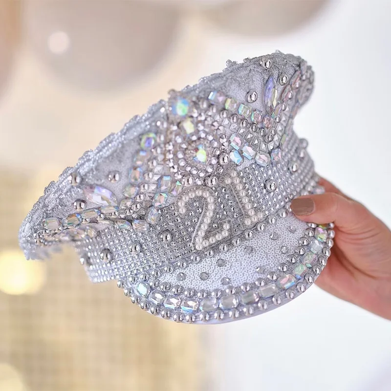 Custom Milestone Rhinestone Captain Military Hat Crown 18th 21st 30th 40th 50th 60th Birthday Party decoration Keepsake Gift