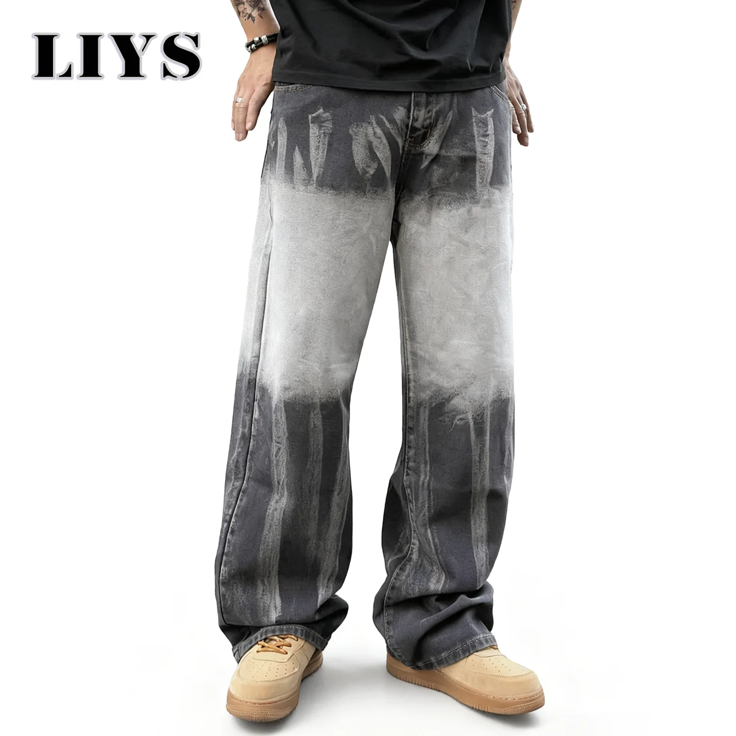 

Осенние мужские свободные широкие брюки в американском стиле ретро, повседневные повседневные унисекс с галстуком и цветочным градиентом, мешковатые джинсовые брюки, мужская одежда в стиле хип-хоп