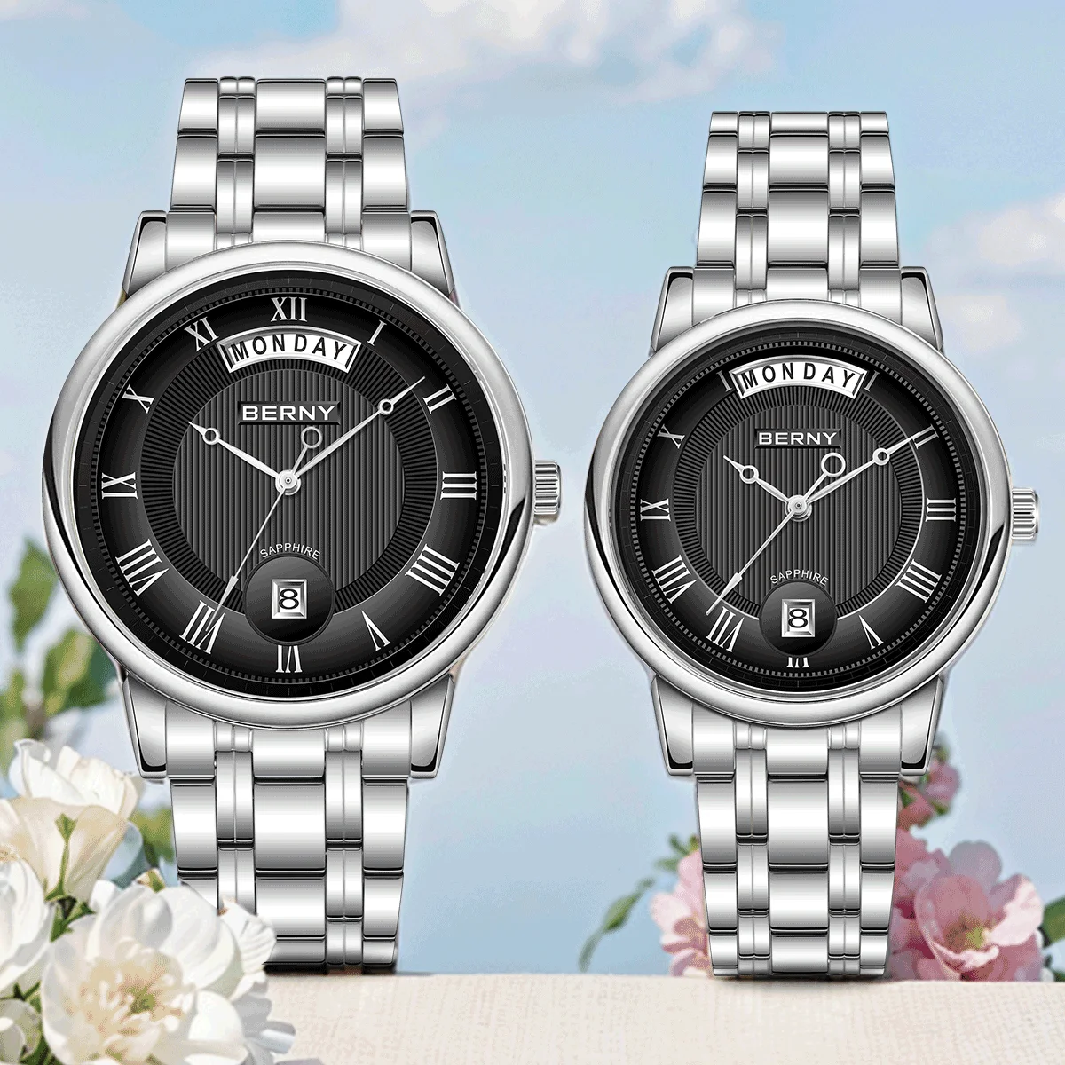 BERNY Men/Women Watch Quartz Day Top Stainless Steel Wristwatch Sapphire Waterproof Top Quality Luxury Brand Couple Watches