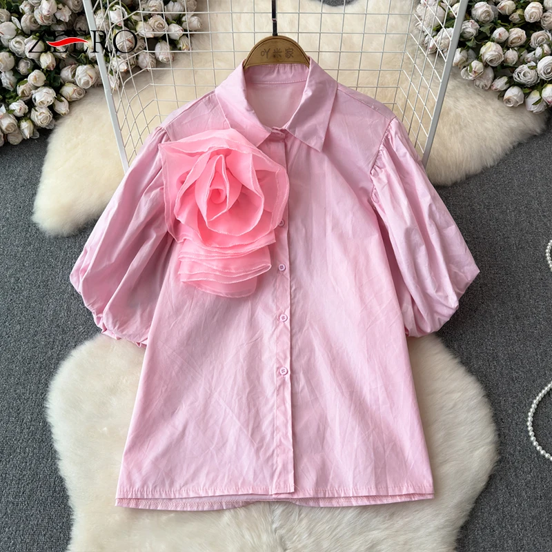 

Women Summer Tie Flower Single Breasted Lapel Neck Shirts Female Sweet Pink Short Lantern Sleeve Blouse Versatile Y2k Top Blusas