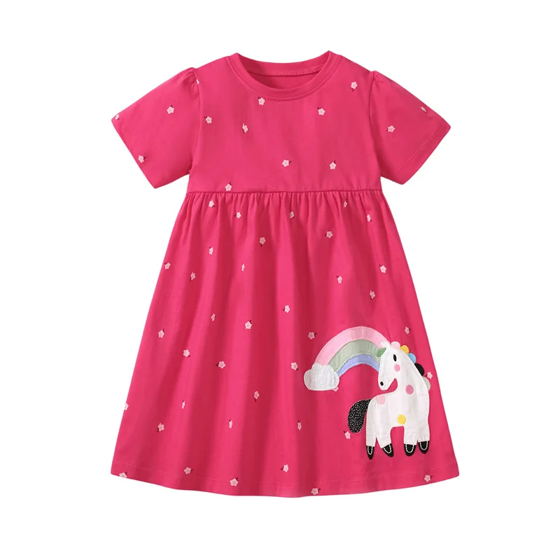 

Jumping Meters 2-7 Years Summer Princess Baby Girls Dresses Animals Applique Party Birthday Kids Short Sleeve Frocks