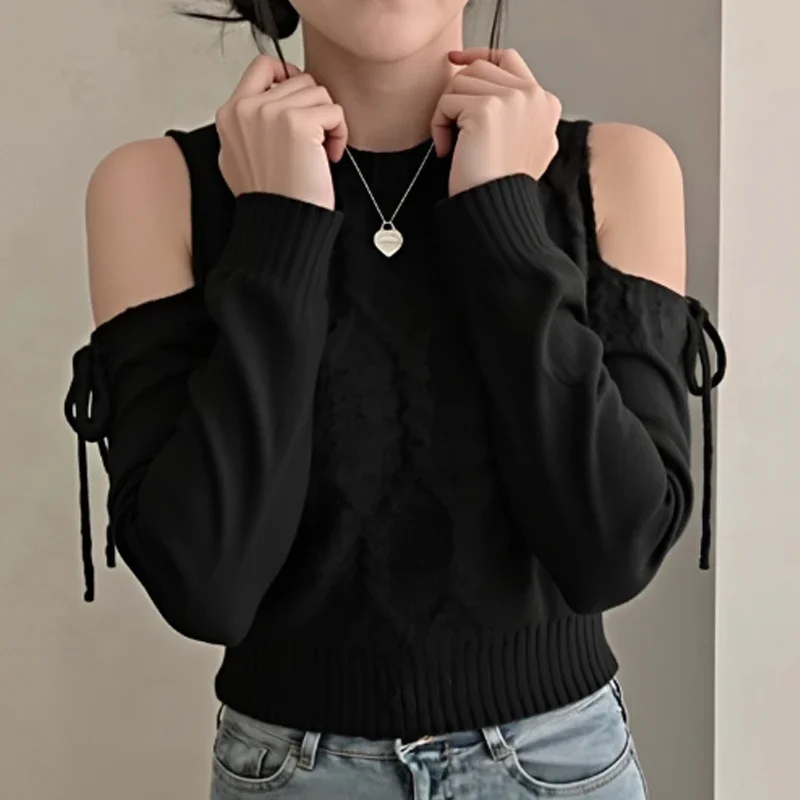 Casual O Neck Long Sleeve Knitted Tops Y2k Off Shoulder Pullover Elegant Solid Sweater Autumn Winter Korean Lace Up Knitwear