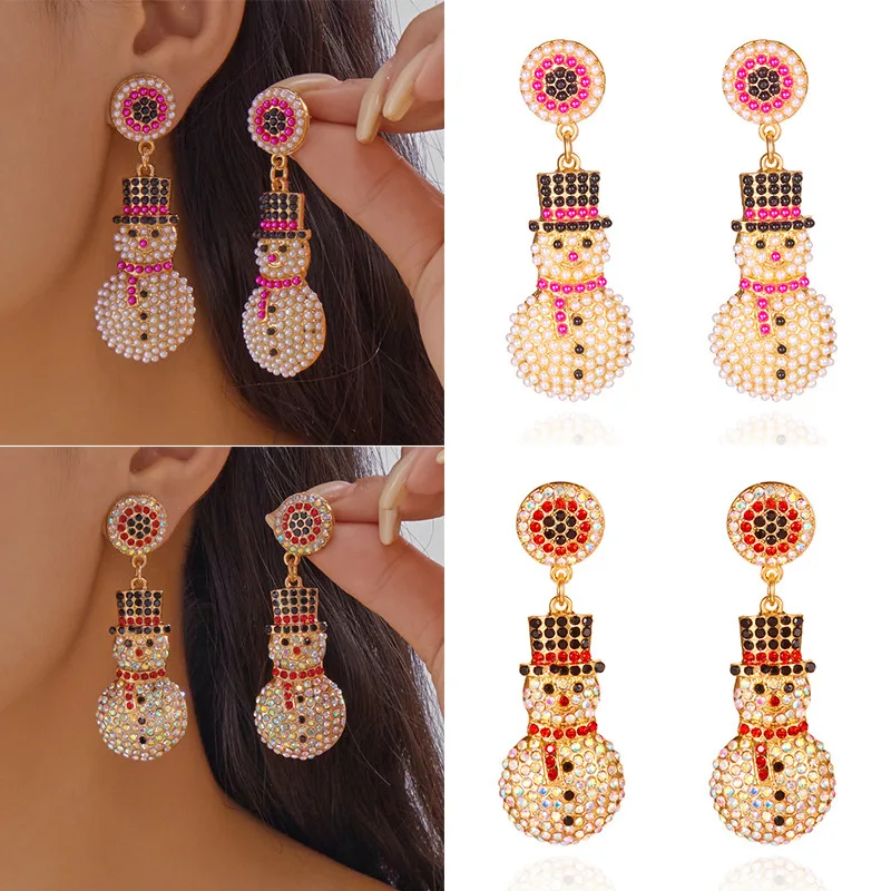 Fashion flash diamond personalized snowman earrings women's diamond-encrusted light luxury Christmas party gift high-end earring