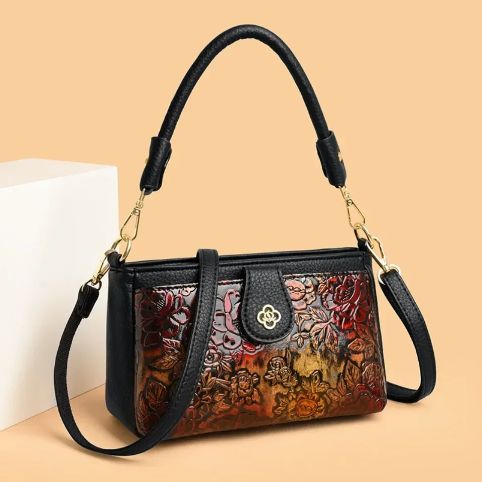 

High Quality Leather Handbag Luxury Designer Retro Ethnic Style Floral Patterned Shoulder Bag Fashion Diagonal Cross Pocket