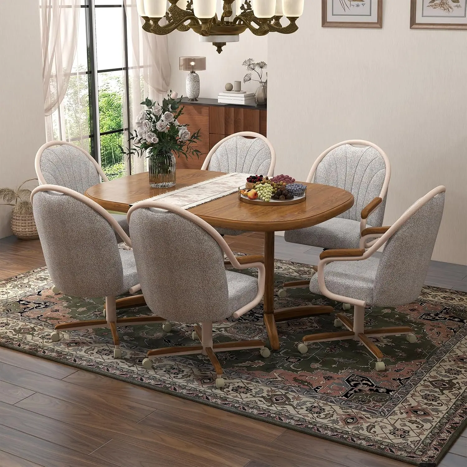 Swivel Dining Chair with Caster Wheels & Wooden Arms, Classic Rolling Kitchen Seating, Light Sand-Chestnut, Customized