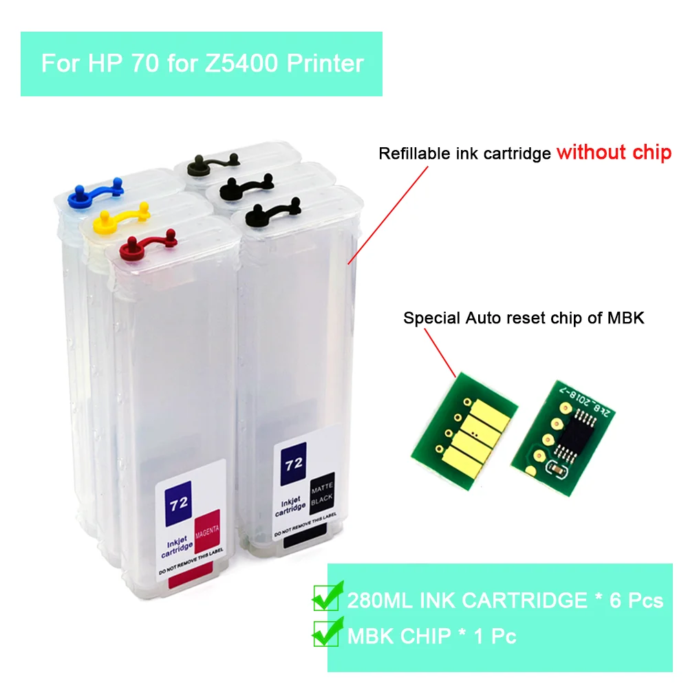 280ML HP70 70 Refillable Ink Cartridge With Auto Reset Chip For HP Designjet Z5400 Printer