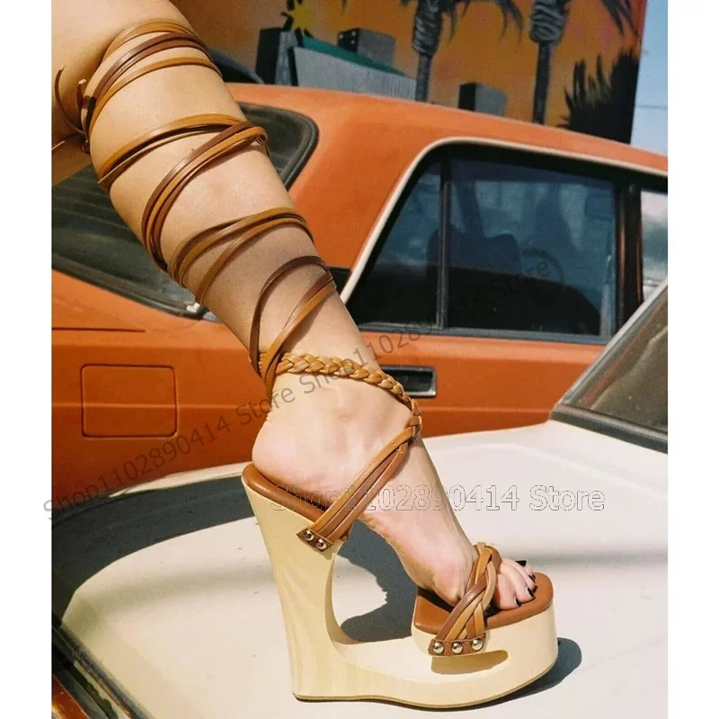 

Colorful Strap Hollow Wooden Platform Twine Sandals Lace Up Women Shoes Strange Style Heels Novel Party 2024 Zapatos Para Mujere