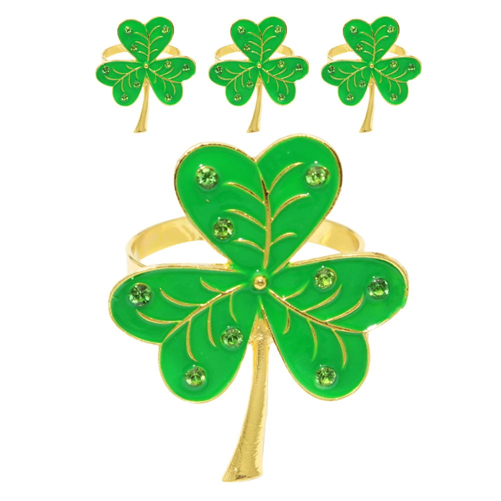 

4pcs Shamrock Rings St Patrick'S Day Decorations Rhinestone Green Napkin Holders Festive Tableware Party Supplies Serviette