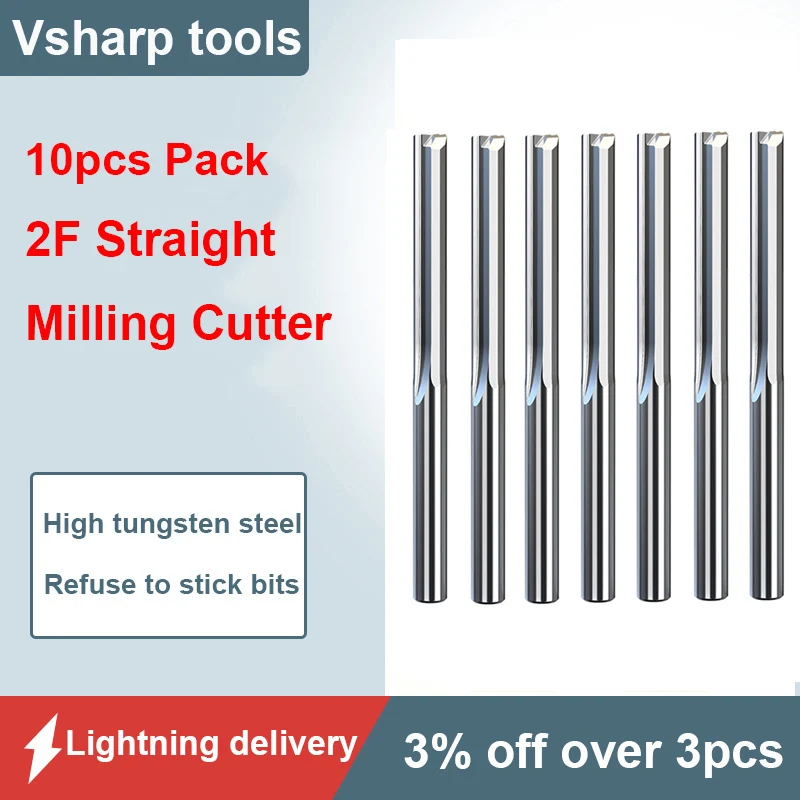 Vsharp 10 pçs/lote 3.175mm shank duplo flautas fresa fresa de extremidade reta carboneto tungstênio cnc gravura roteador bit