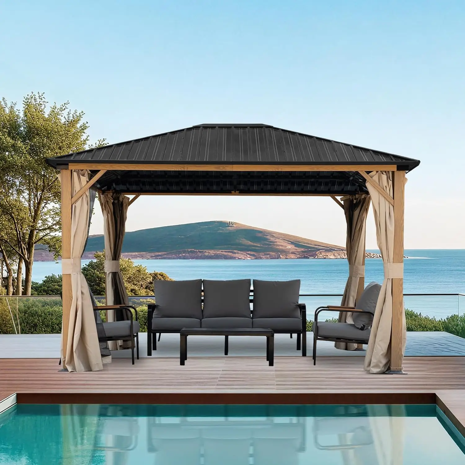 

10 x 12 ft. Outdoor Hardtop Gazebo, Wooden Finish Coated Aluminum Frame Gazebo with Curtains and Mosquito Nettings, Customized