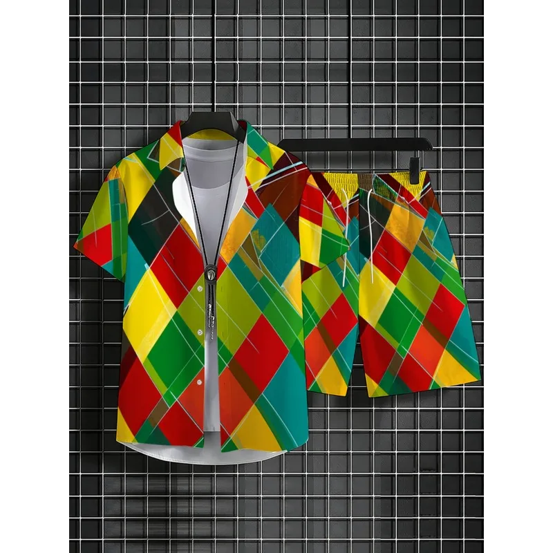 Men's Diamond Patterned Polyester Shirt Shorts Set Colorful No Texture Lightweight Durable Casual Beachwear for Summer view 3