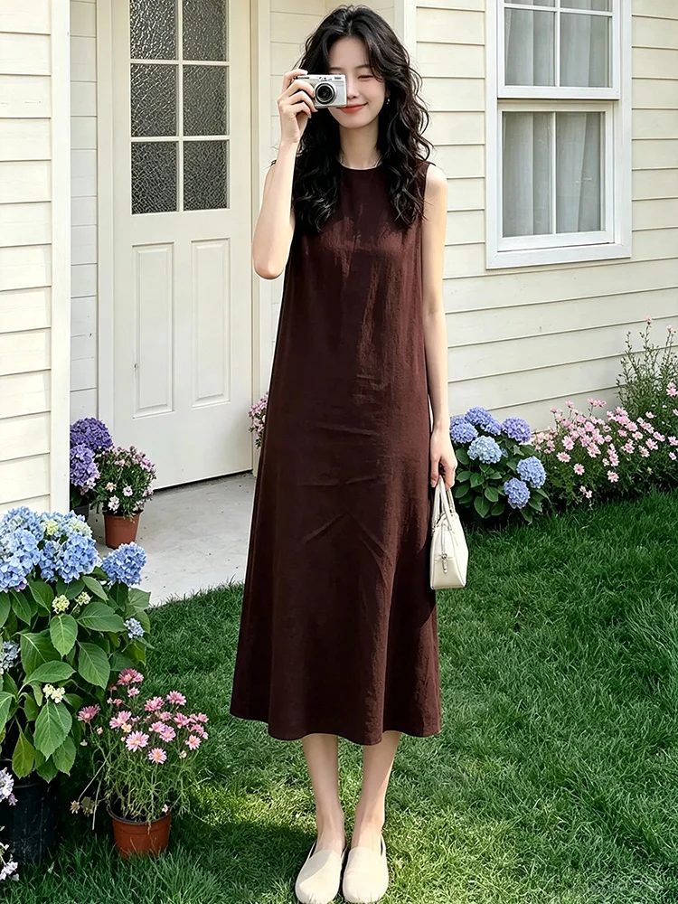 Elegant Sleeveless Midi Dress Women's Loose Slimming Casual Style Polyester Fiber A-Line Skirt Daily Wear Summer Fashion