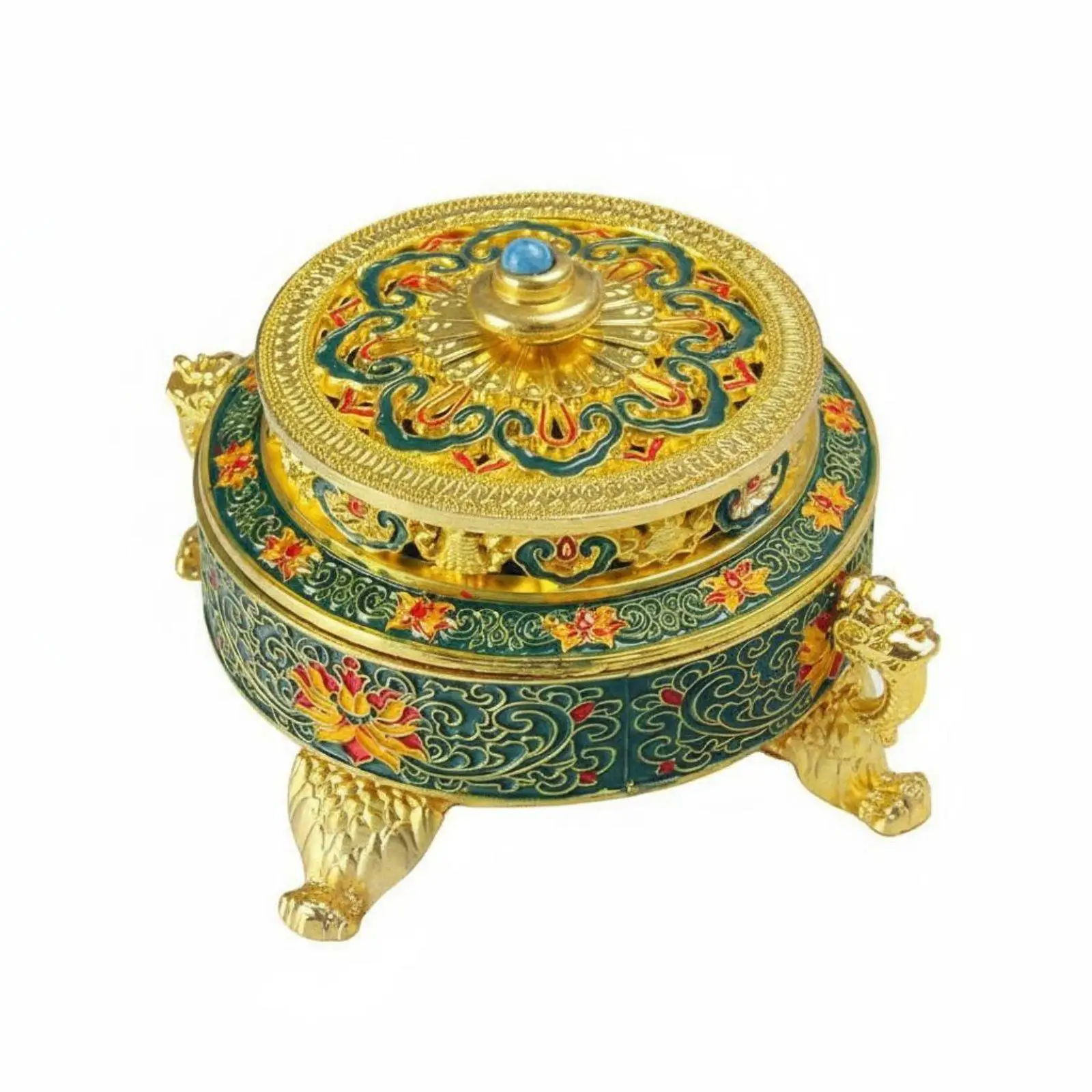 Copper Alloy Enamel Incense Burner Lotus Pattern Hollow Lid Antique Finish Four Legged Censer for Altar Decor and Aroma