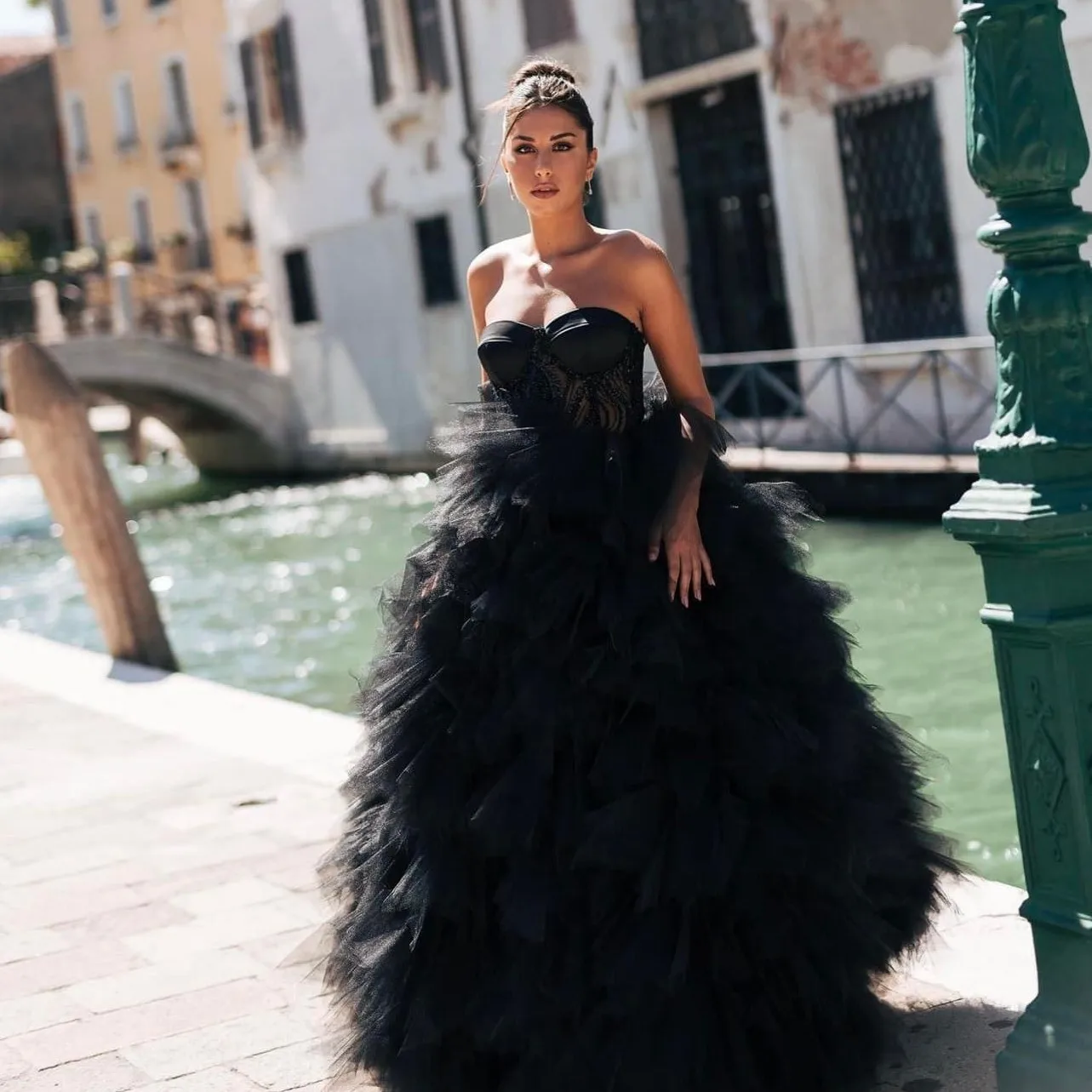 Amazing Black Puffy Ruched Tulle Formal Dresses With A Corset Bustier Volume Tulle Bridal Dress Women Maxi Dress